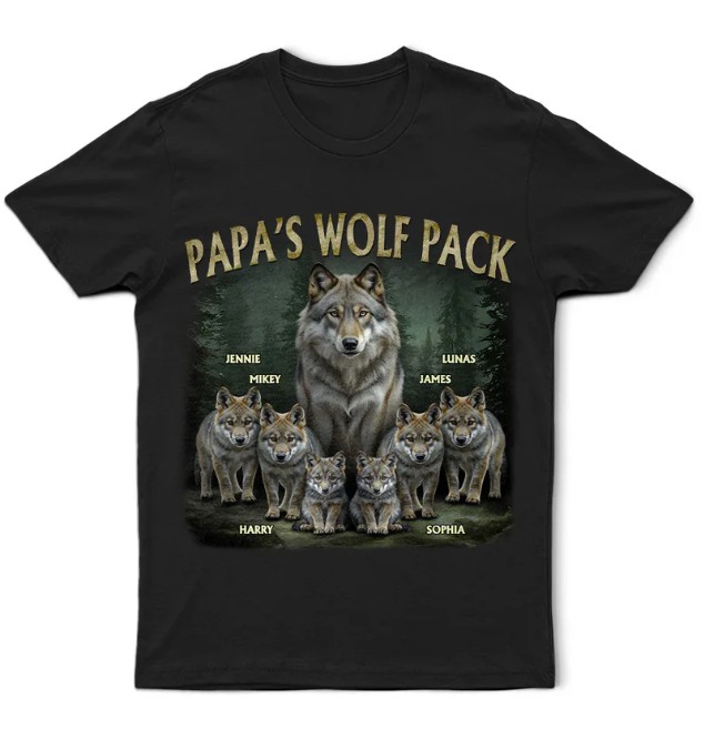 Realistic Art Papa Dad Wolf Pack - Personalized T Shirt