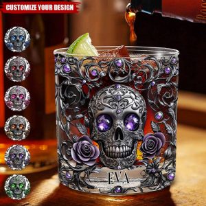Beautiful Skull And Roses - Personalized Skull Whiskey Glass