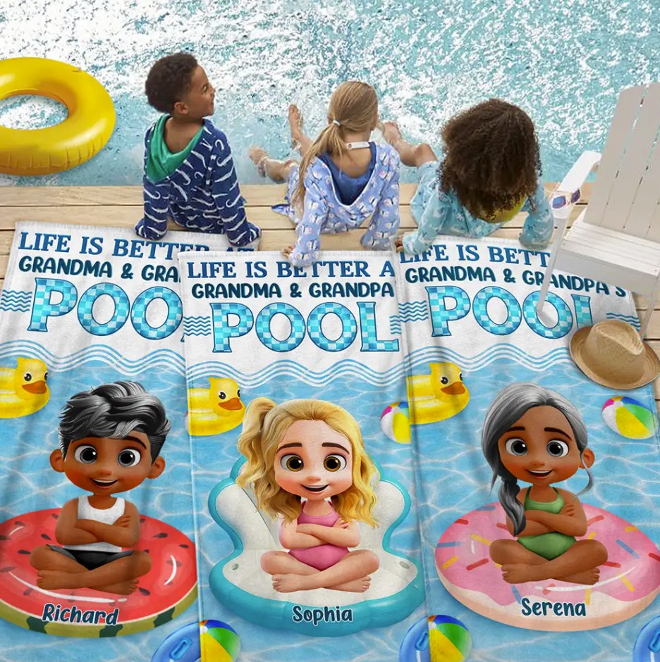 Life Is Better At Grandma And Grandpa's Pool - Personalized Beach Towel