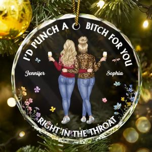 Right In The Throat Funny Besties - Personalized Circle Glass Ornament
