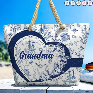 Grandma Mom Turtle Heart Toile - Personalized Beach Bag