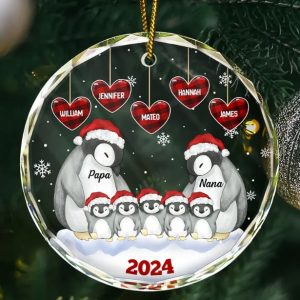 Papa Nana Penguin Christmas Grandparents - Personalized Circle Glass Ornament