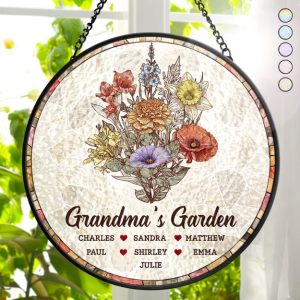 Grandma's Garden Nana Mom Birth Flower - Personalized Stained Glass Window Hanging Suncatcher