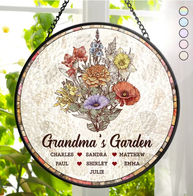 Grandma's Garden Nana Mom Birth Flower - Personalized Stained Glass Window Hanging Suncatcher
