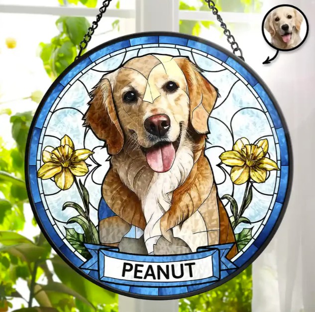 Custom Photo Birth Flower Dog Cat Portrait - Personalized Stained Glass Window Hanging Suncatcher