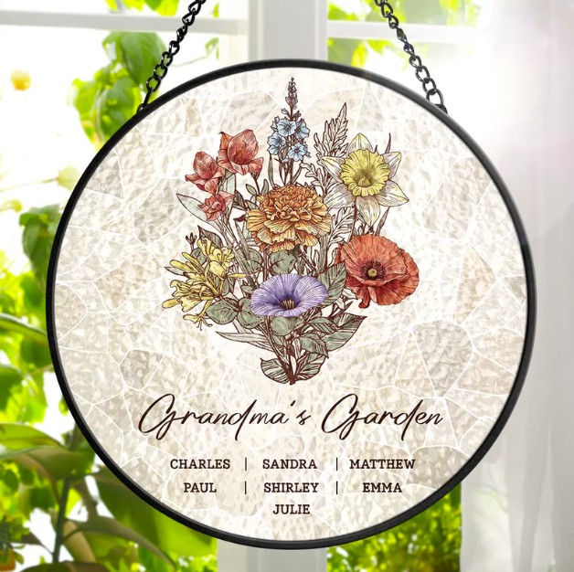Grandma's Garden Family Birth Flower - Personalized Stained Glass Window Hanging Suncatcher