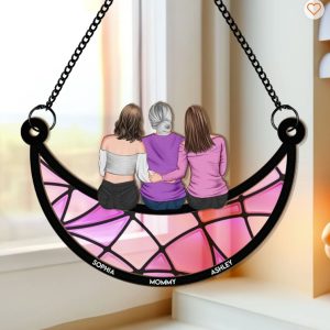 Mother & Daughter On The Moon - Personalized Window Hanging Suncatcher Ornament - Gift For Mom
