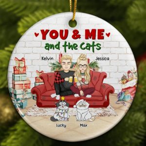 You And Me And The Cats Christmas - Personalized Circle Ceramic Ornament