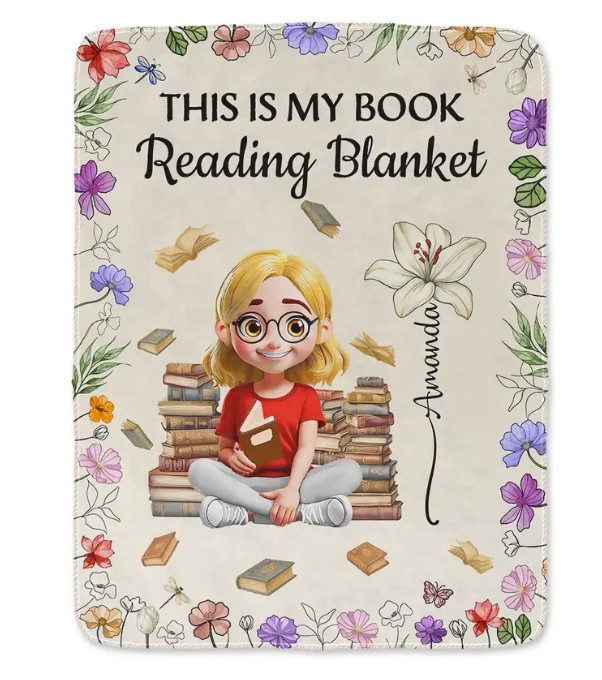 Reading Girl With Birth Month Flowers - Personalized Fleece Blanket, Sherpa Blanket
