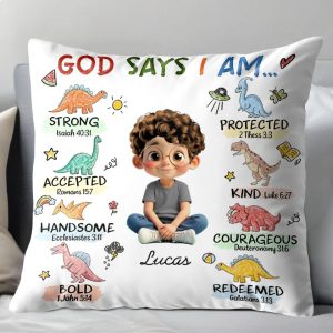 God Says I Am Strong, Protected, Kind, Custom Pillow, Gift For Religious Families and Kids