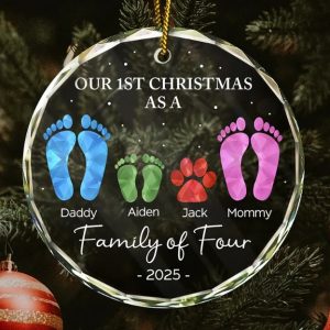 First Christmas As A Family Of Four Footprints - Personalized Circle Glass Ornament