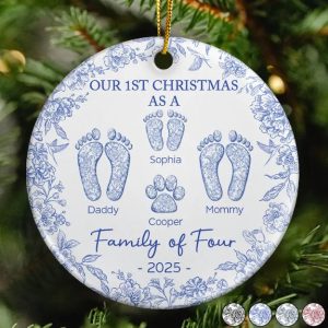 First Christmas As A Family Of Four Toile Footprints - Personalized Circle Ceramic Ornament