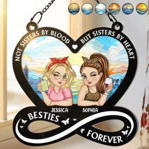 Not Sisters By Blood But Sisters By Heart Cartoon Woman - Personalized Window Hanging Suncatcher Ornament