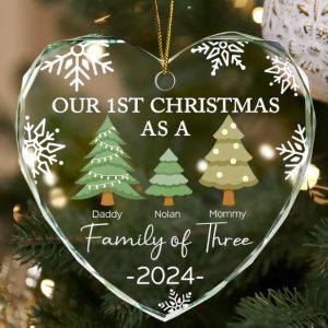 First Christmas As A Family Of Three - Personalized Heart Shaped Glass Ornament