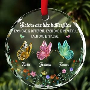 Sister Love Glass Butterflies - Personalized Crystal Ornament - Christmas Gift For Sisters, Besties