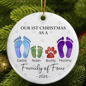 First Christmas As A Family Of Four Footprints - Personalized Circle Ceramic Ornament