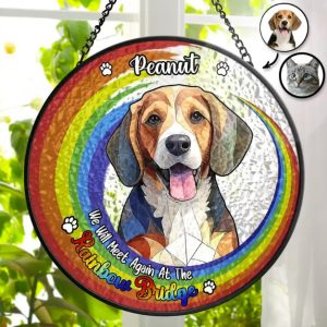 Custom Photo Portrait Dog Cat At The Rainbow Bridge Memorial - Personalized Stained Glass Window Hanging Suncatcher