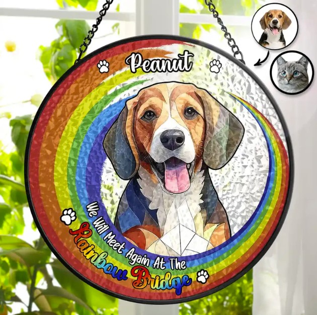 Custom Photo Portrait Dog Cat At The Rainbow Bridge Memorial - Personalized Stained Glass Window Hanging Suncatcher