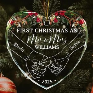 Holding Hands First Christmas Couple - Personalized Heart Shaped Glass Ornament