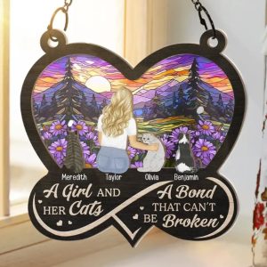 Infinity Heart Flower Field A Girl And Her Dog And Cat - Personalized Window Hanging Suncatcher Ornament