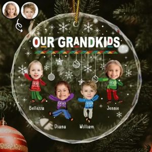 Custom Photo Christmas My Grandkids - Personalized Circle Glass Ornament