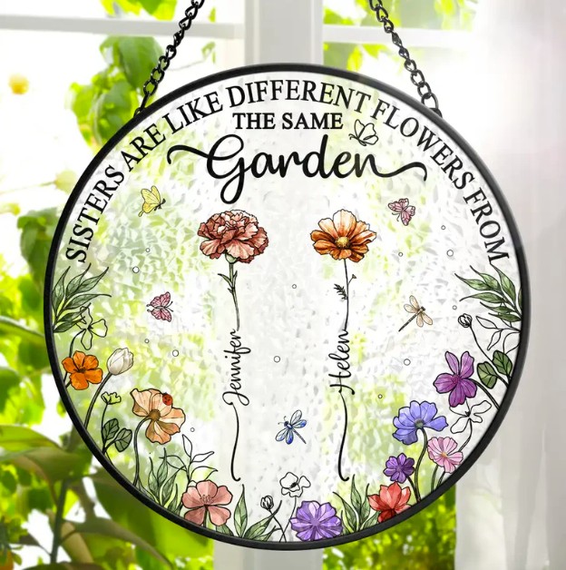 Birth Flower Sisters Besties From The Same Garden - Personalized Stained Glass Window Hanging Suncatcher