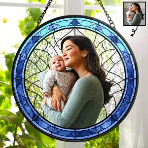 Custom Photo Cartoon Portrait Mom Mother Grandma - Personalized Stained Glass Window Hanging Suncatcher