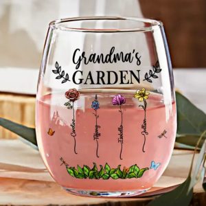 Birth Flower Grandma's Garden - Personalized Stemless Wine Glass