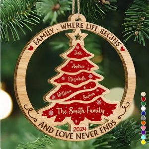 Christmas Tree Family Where Life Begins And Love Never Ends - Personalized Custom Shaped Wooden Ornament
