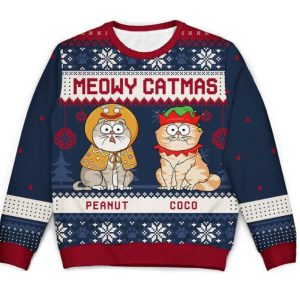 Meowy Catmas Funny Cartoon Cats - Christmas Gift For Cat Lovers, Cat Moms, Cat Dads - Personalized Unisex Ugly Sweater