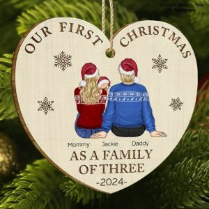 First Christmas As A Family Of Three New Parents - Personalized Custom Shaped Wooden Ornament