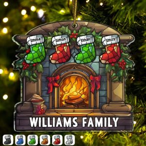 Christmas Stocking On Fireplace Family - Personalized Custom Shaped Acrylic Ornament