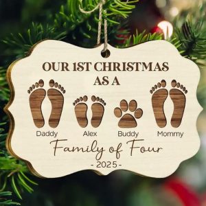 First Christmas As A Family Of Four Footprints - Personalized Medallion Wooden Ornament