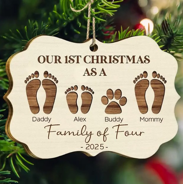 First Christmas As A Family Of Four Footprints - Personalized Medallion Wooden Ornament