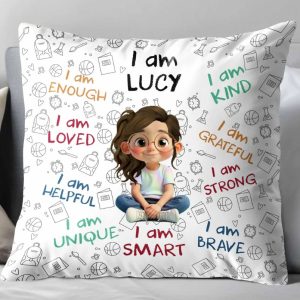 I Am Enough, Loved, Unique, Brave, Cartoon Girl, Personalized Custom Pillow, Gift For Daughters and Kids