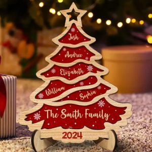 Christmas Tree Family Bestie Custom Names Version 3 - Personalized 2-Layered Wooden Plaque With Stand