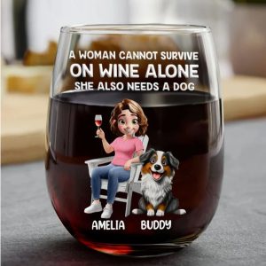 A Woman Cannot Survive On Wine Alone Dog Mom Cartoon - Personalized Stemless Wine Glass