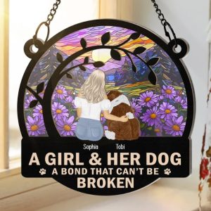 Flower Field A Girl And Her Dog - Personalized Window Hanging Suncatcher Ornament