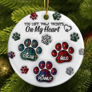 Memorial Dog Cat You Left Paw Prints On My Heart - 3D Inflated Effect Printed Ornament, Personalized Circle Ceramic Ornament
