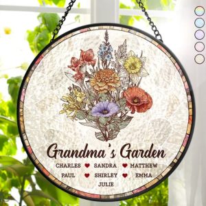 Grandma's Garden Nana Mom Birth Flower - Personalized Stained Glass Window Hanging Suncatcher
