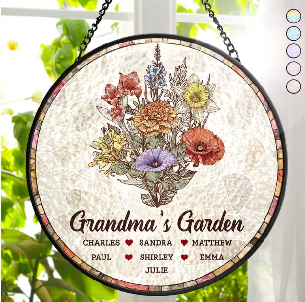 Grandma's Garden Nana Mom Birth Flower - Personalized Stained Glass Window Hanging Suncatcher