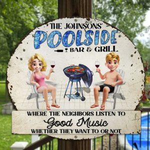 Couple Poolside Bar & Grill Listen To Good Music - Personalized Custom Shaped Metal Sign