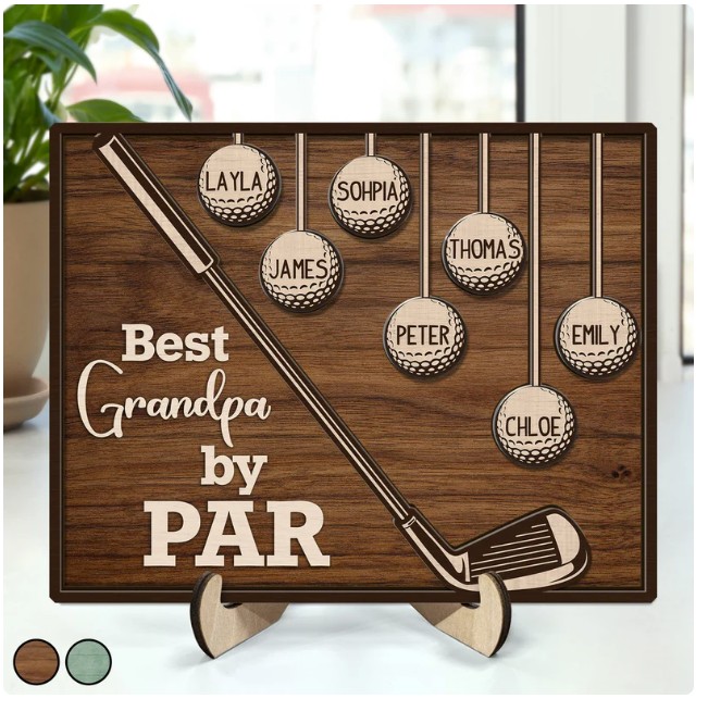 Best Dad Grandpa By Par - Gift For Father, Grandfather, Golf Lovers - Personalized 2-Layered Wooden Plaque With Stand