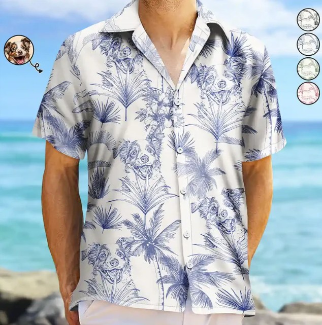 Custom Photo Pencil Drawing Toile De Jouy Pattern Family Pet - Personalized Hawaiian Shirt
