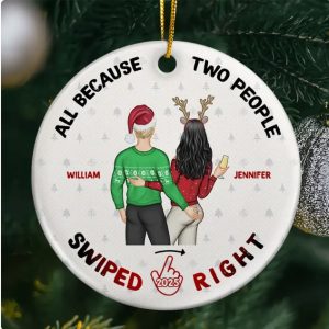 Christmas Couple Swiped Right - Personalized Circle Ceramic Ornament