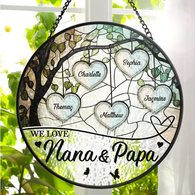 Grandkids Make Life Grand We Love Nana And Papa - Personalized Stained Glass Window Hanging Suncatcher