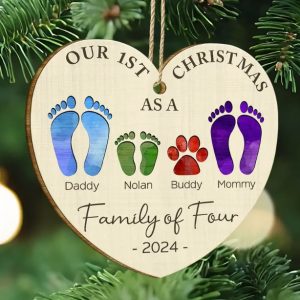 First Christmas As A Family Of Four Color Footprints - Personalized Custom Shaped Wooden Ornament
