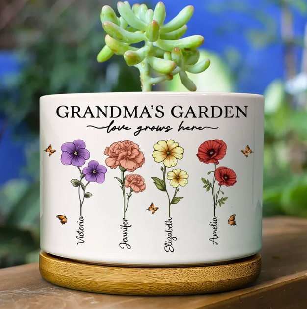 Grandma's Garden Love Grows Here - Personalized Ceramic Plant Pot