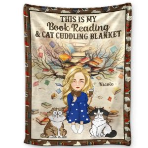 Book Reading & Cat Cuddling Blanket - Personalized Fleece Blanket, Sherpa Blanket