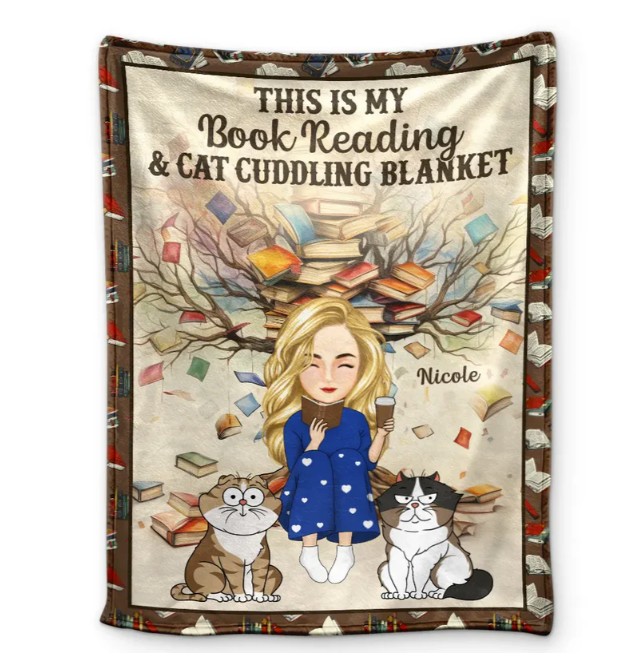 Book Reading & Cat Cuddling Blanket - Personalized Fleece Blanket, Sherpa Blanket